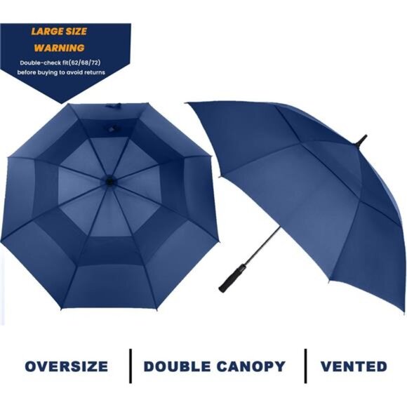 Golf Umbrella Large 62/68/72 Inch, Extra Large Oversize Double Canopy Vented - Picture 6 of 7